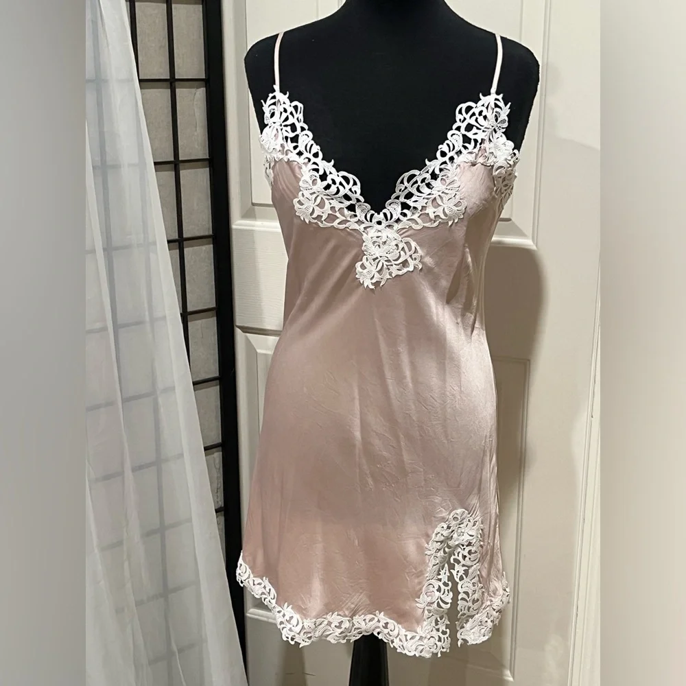 THXSILK Silky Blush Pink Lace Trim Slip SILK Dress women SIZE 8/10